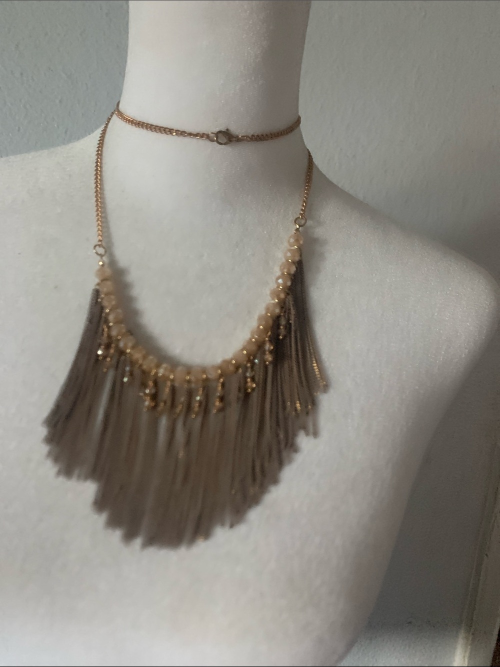 Gold and Taupe Fringe Statement Necklace With gold Crystal